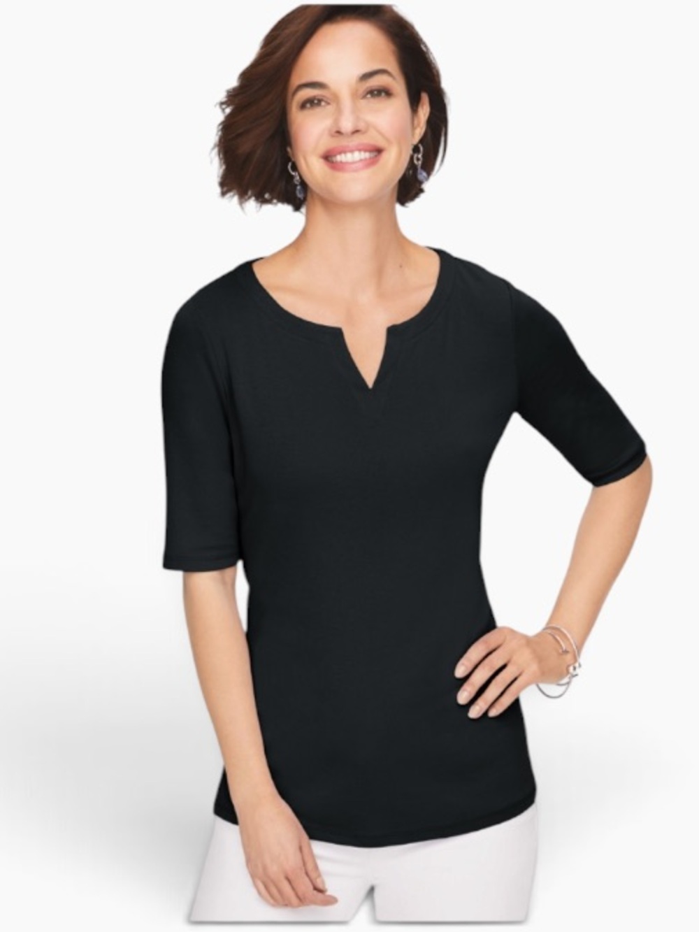 Talbots Elbow Sleeve Notch-Neck Cotton Tee Size MP #2337